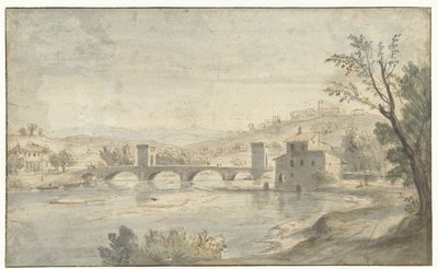 Italiaans rivierlandschap met een brug door Caspar van Wittel