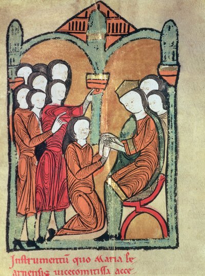De Gravin van Bearn zweert trouw aan Alfonso II van Aragon, belovend niet te trouwen zonder zijn toestemming, uit het manuscript bekend als de 