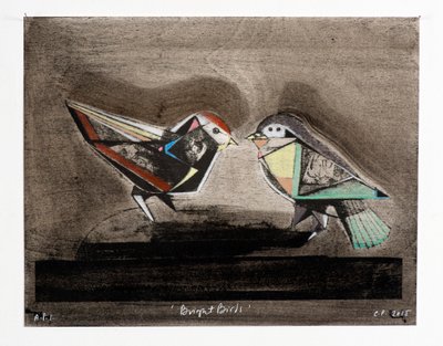 Heldere vogels, 2014 (mokulito-litho met handkleuring) door Cathie Pilkington