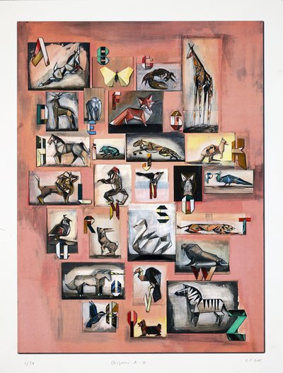Origami A-Z, 2015 (litho met handkleuring) door Cathie Pilkington