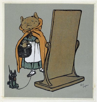 Kat voor zijn spiegel - tekening door Cecil Aldin door Cecil Charles Windsor Aldin
