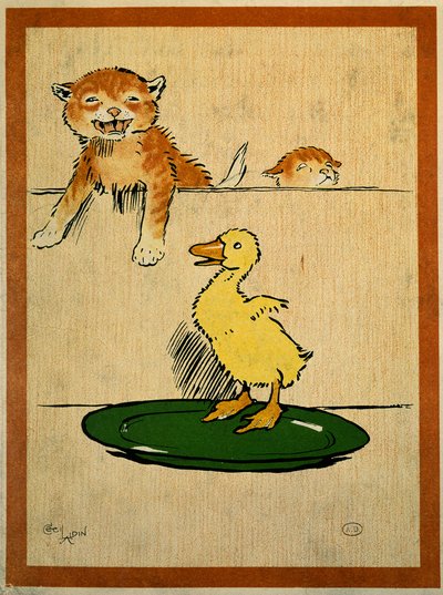 Katten en eend. Tekening door Cecil Aldin (1870-1935). Parijs, Decoratieve Kunsten door Cecil Charles Windsor Aldin