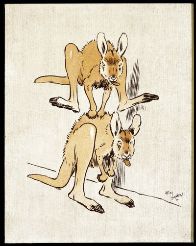Komische kangoeroes. Twee kangoeroes spelen een schaapsprong. door Cecil Charles Windsor Aldin