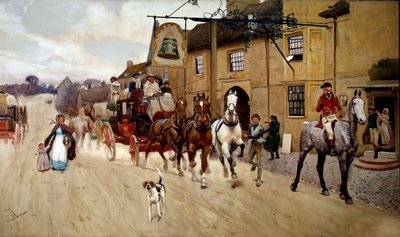 Stop de diligence voor de herberg van de bel in Stilton door Cecil Charles Windsor Aldin