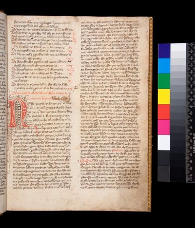 Gregorius de Grote, Dialogi in Italiaanse vertaling door Domenico Cavalca, versierde letter [N] in rode inkt met penversiering in bruine inkt door Central Italian School