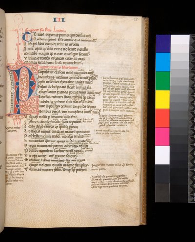 Ms 325. Lucanus, Bellum Civile, en andere werken, f.35r. Gescheiden Initiaal [P] in rood en blauw met contrasterende penversiering, c.1353 door Central Italian School