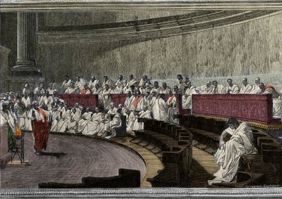 Cicero beschuldigt de samenzweerder Catilina op 8 november 63 v.Chr. De scène speelt zich af in Rome in de Senaat, gegraveerd naar de fresco gemaakt tussen 1882 en 1888 door Cesare Maccari. Rome Palazzo Madama. door Cesare (after) Maccari