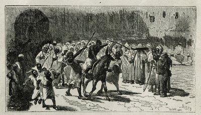De bestraffing van een dief, klimt op een muilezel, hij ontvangt stokken onder het gejoel van de menigte, gravure door C.Biseo, ter illustratie van het verhaal Le Maroc door Edmondo de Amicis, in 1875, gepubliceerd in Le tour du monde, onder leiding van Ed door Cesare Biseo