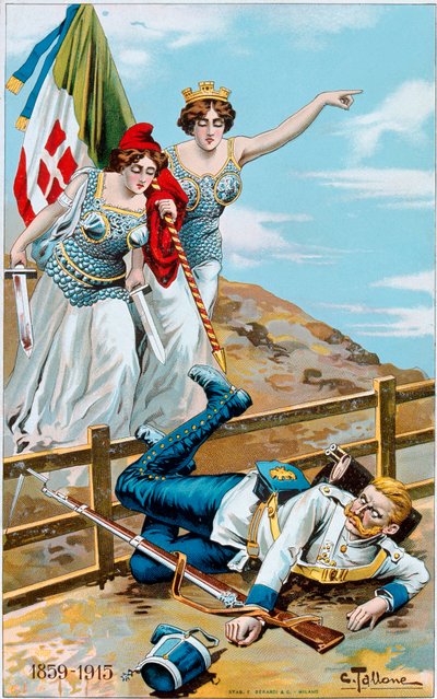 Eerste Wereldoorlog: poster met een allegorie van Italië en Frankrijk die Duitsland over de grens jagen. Illustratie door Cesare Tallone. Privécollectie door Cesare Tallone