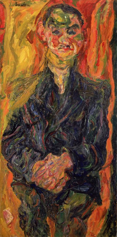 Man in blauw, met een gele en rode achtergrond door Chaim Soutine