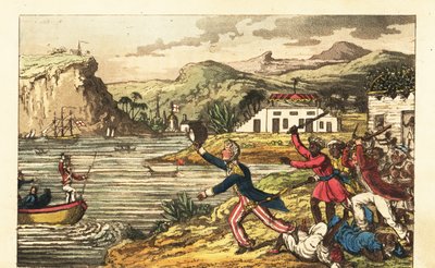 Engelse marineofficier op de vlucht voor een boze Massa planter en Quashee tot slaaf gemaakte mannen zwaaiend met knuppels in Jamaica door Charles (c.1797 1850) (after) Williams