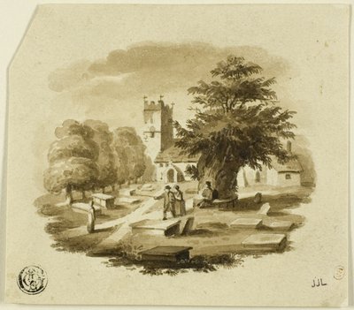 Figuren op een begraafplaats nabij een kerk door Charles Alfred Stothard