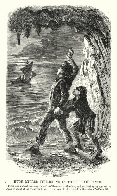 Hugh Miller vastgebonden in de Doocot Grotten (gravure) door Charles Altamont Doyle