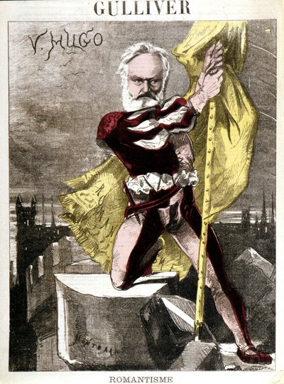Cartoon van Victor Hugo door Georges Montbard (1841-1905). "Gulliver - Romantiek" door Charles Auguste Loye