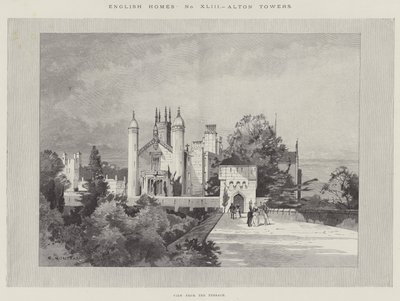 Engelse huizen, Alton Towers, uitzicht vanaf het terras door Charles Auguste Loye