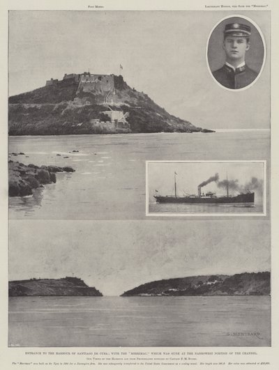 Ingang van de haven van Santiago de Cuba; met de Merrimac die op het smalste deel van het kanaal werd gezonken door Charles Auguste Loye