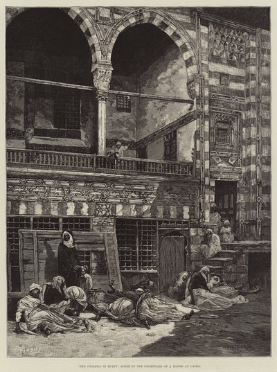De cholera in Egypte, scène in de binnenplaats van een huis in Caïro door Charles Auguste Loye