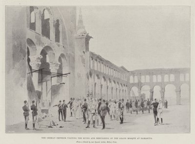 De Duitse keizer bezoekt de ruïnes en herbouw van de Grote Moskee in Damascus door Charles Auguste Loye