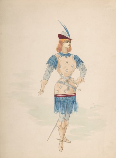 Kostuumontwerp voor een ridder in blauw en bordeauxrood met gevederde hoed en zwaard, n.d. door Charles Bianchini