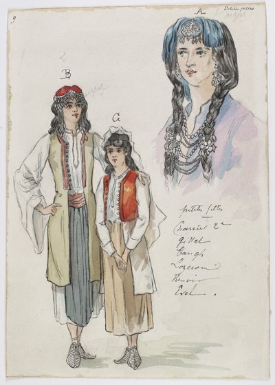 Holmès - De Zwarte Berg - kostuumontwerpen van Charles Bianchini - 09. Kleine meisjes. Juffrouwen Charrier 2e, Gillet, Taugh, Lozeran, Renoir, Evel door Charles Bianchini