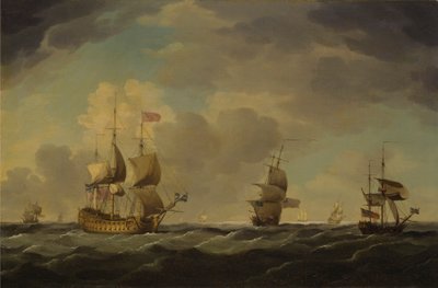 Een Engels vlaggenschip onder gemakkelijke zeil in een matige bries door Charles Brooking
