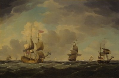 Een Engels vlaggenschip onder gemakkelijke zeil in een matige bries door Charles Brooking