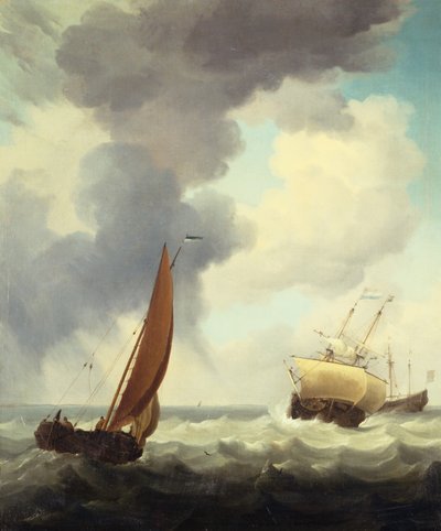 Nederlandse Koopvaardijschepen en een Kusthandelaar in Woelige Zee door Charles Brooking
