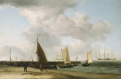 Scène aan de kust, met een oorlogsschip aan de horizon door Charles Brooking