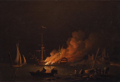 Schip in brand bij nacht door Charles Brooking