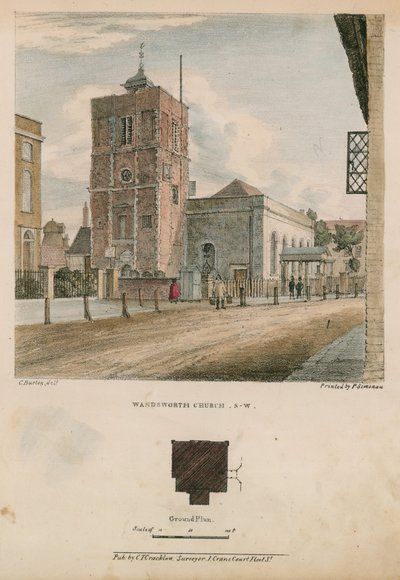 Zuidwestelijke aanblik van de kerk van Wandsworth door Charles Burton