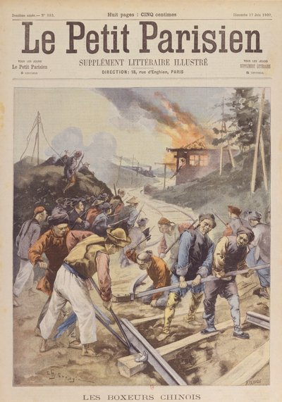 De Bokseropstand (1900-01), Boksers saboteren de spoorweg, juni 1900 (prent) door Charles Crespin
