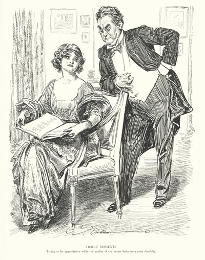 Tragische Momenten, Proberen waarderend te zijn terwijl de auteur van de verzen over je schouder kijkt door Charles Dana Gibson