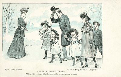 Vrouw ontmoet de man die ze weigerde in het huwelijk en die zwoer nooit te trouwen (kleur litho) door Charles Dana Gibson