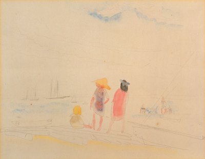 Twee vrouwen en kind op strand door Charles Demuth