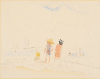 Twee vrouwen en kind op strand door Charles Demuth