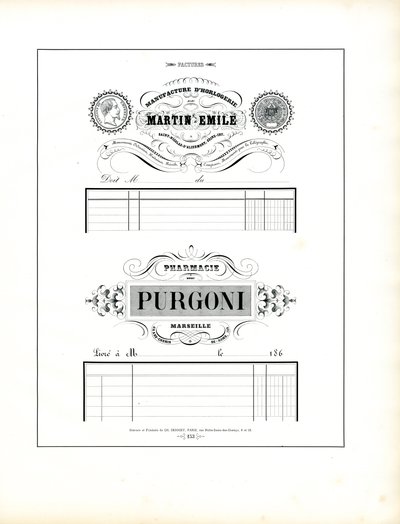 Elegant briefhoofd voor klokkenmaker en apotheek (print) door Charles Derriey