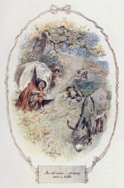 Een oude vrouw die over een ketel buigt door Charles Edmund Brock