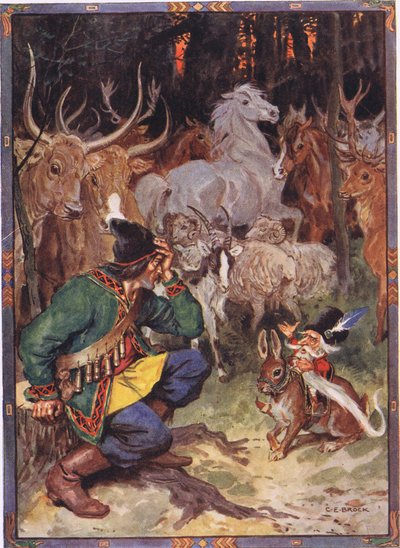 Hé! Goede man, ik weet wat je dwarszit, scène uit Sur de Adelaar in Kinderverhalen uit Roemeense legenden door Moses Gaster (1856-1939) 1921 door Charles Edmund Brock