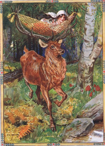 Het hert met de zijden hangmat uit Kinderverhalen uit Roemeense legenden door Moses Gaster (1856-1939) 1921 door Charles Edmund Brock