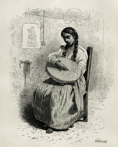 De borduurster, in Salento, regio Quindio (Colombia), gravure door Ch.Delort, ter illustratie van het verhaal van Amerika Equinoxiale door E.Andre, missieopdracht door de Franse regering, gepubliceerd in Le tour du monde, onder leiding van Edouard Charton door Charles Edouard Delort