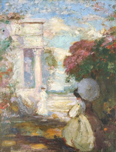 Lyrisch landschap met twee figuren in negentiende-eeuwse kleding door Charles Edward Conder