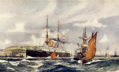 HMS Formidable in Plymouth Sound door Charles Edward Dixon