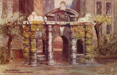 Oude Waterpoort vanuit de Victoria Embankment Gardens in Londen door Charles Edwin Flower
