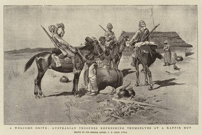 Een welkom drankje, Australische troopers verfrissen zich bij een Kaffir Hut door Charles Edwin Fripp