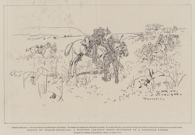 Geholpen door mede-kolonialen, een gewonde Canadese verkenner geholpen door een Victoriaanse patrouille door Charles Edwin Fripp