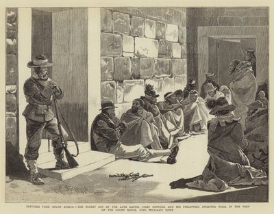 Schetsen uit Zuid-Afrika, de Oudste Zoon van de Overleden Kaffer Hoofdman Sandilli en zijn Volgelingen die Wachten op hun Proces in de Binnenplaats van het Gerechtsgebouw, King William