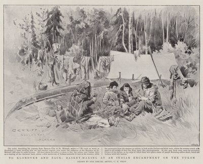 Naar Klondyke en terug, manden maken in een Indiaans kampement aan de Yukon door Charles Edwin Fripp