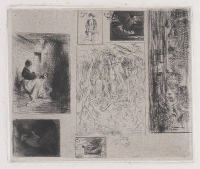 Composietplaat: Vrouw en kinderen a, Oude muzikant b, Bakker c, Landschap ..., 1843 door Charles Emile Jacque