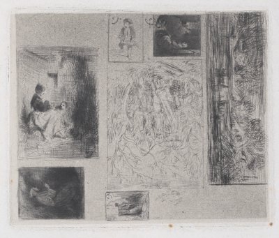 Samengestelde plaat: Vrouw en kinderen a, Oude muzikant b, Bakker c, Landschap ..., 1843 door Charles Emile Jacque