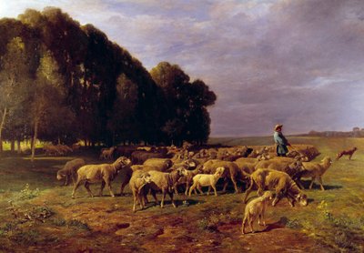 Kudde schapen in een landschap door Charles Emile Jacque
